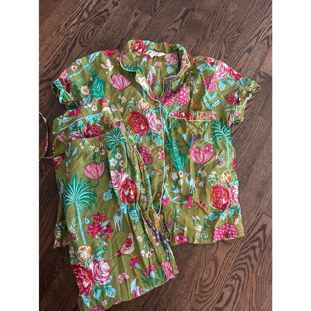 Amranis Pajama Set Green Floral Bird Deer Print Cotton Short Sleeve Sleepwear M